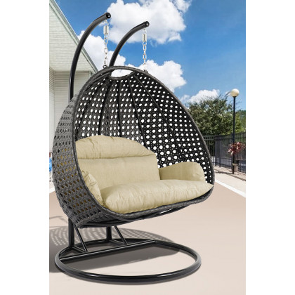 LeisureMod Modern Charcoal Wicker Hanging Double Seater Egg Swing Chair - Beige