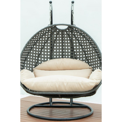 LeisureMod Modern Charcoal Wicker Hanging Double Seater Egg Swing Chair - Beige