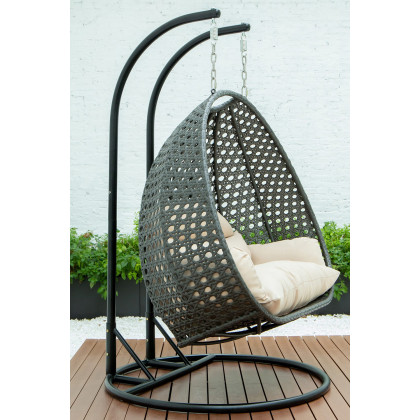 LeisureMod Modern Charcoal Wicker Hanging Double Seater Egg Swing Chair - Beige