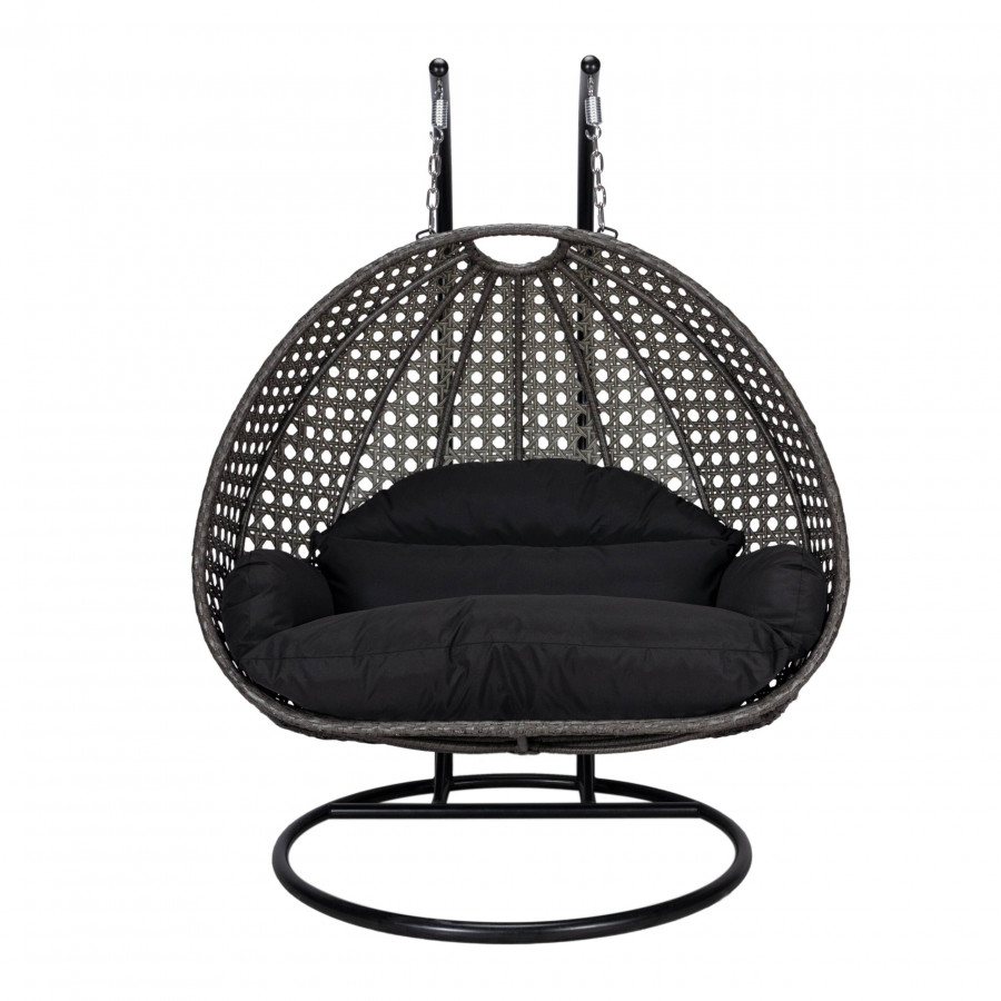 LeisureMod Modern Charcoal Wicker Hanging Double Seater Egg Swing Chair - Black