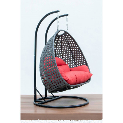 LeisureMod Modern Charcoal Wicker Hanging Double Seater Egg Swing Chair - Red