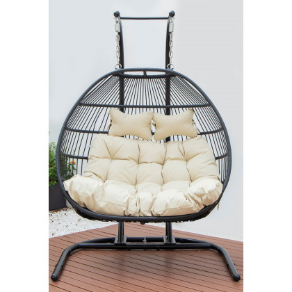 LeisureMod Wicker 2 Person Double Folding Hanging Egg Swing Chair - Beige