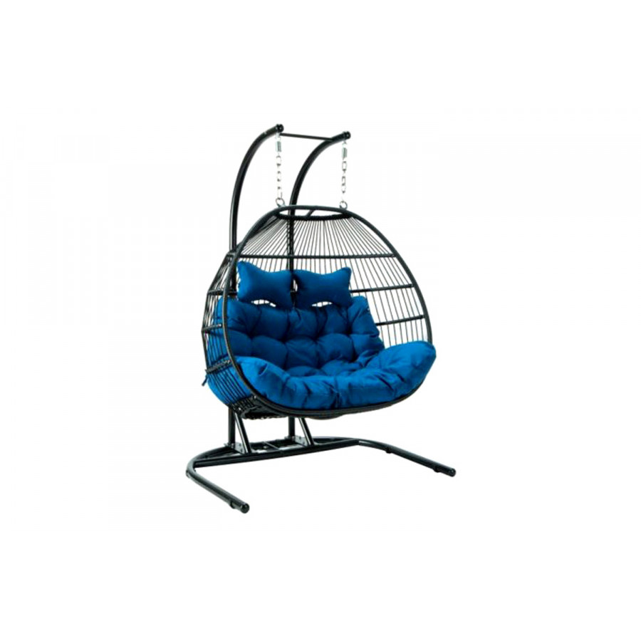 LeisureMod Wicker 2 Person Double Folding Hanging Egg Swing Chair - Blue