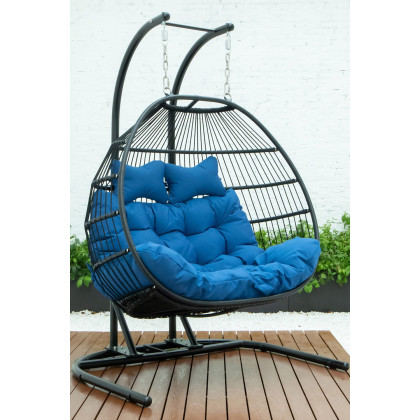 LeisureMod Wicker 2 Person Double Folding Hanging Egg Swing Chair - Blue