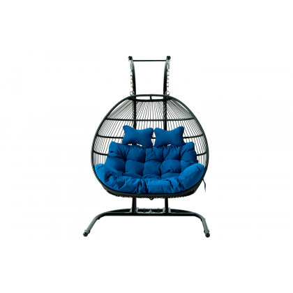 LeisureMod Wicker 2 Person Double Folding Hanging Egg Swing Chair - Blue