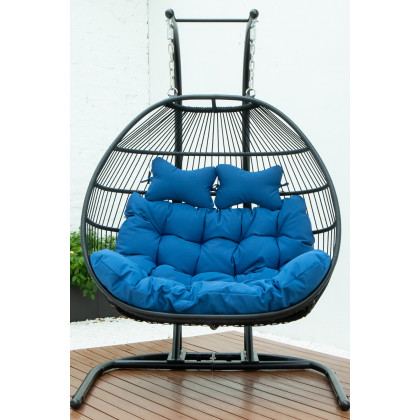 LeisureMod Wicker 2 Person Double Folding Hanging Egg Swing Chair - Blue