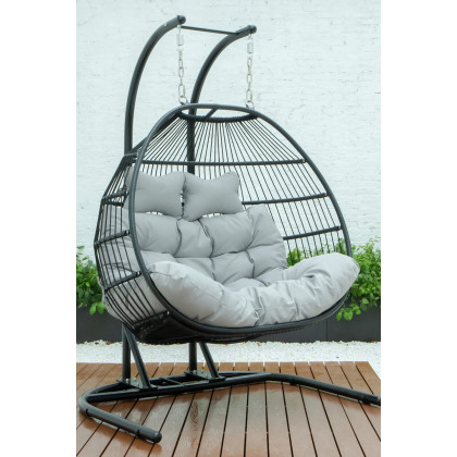 LeisureMod Wicker 2 Person Double Folding Hanging Egg Swing Chair - Light Gray