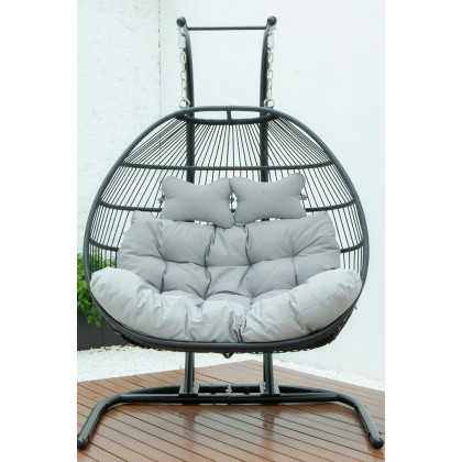 LeisureMod Wicker 2 Person Double Folding Hanging Egg Swing Chair - Light Gray