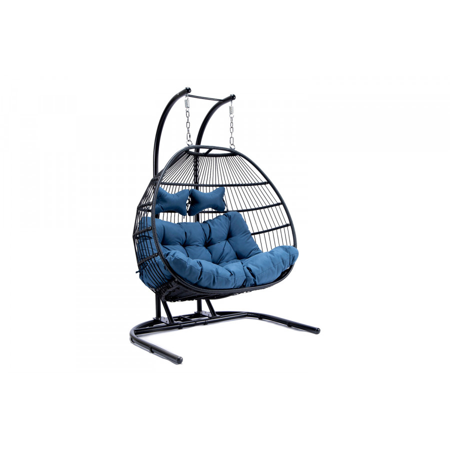 LeisureMod Wicker 2 Person Double Folding Hanging Egg Swing Chair - Navy Blue