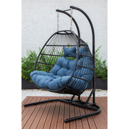 LeisureMod Wicker 2 Person Double Folding Hanging Egg Swing Chair - Navy Blue