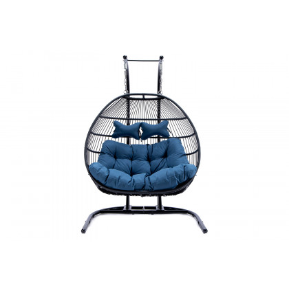 LeisureMod Wicker 2 Person Double Folding Hanging Egg Swing Chair - Navy Blue