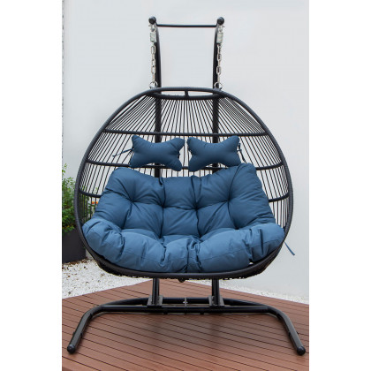 LeisureMod Wicker 2 Person Double Folding Hanging Egg Swing Chair - Navy Blue