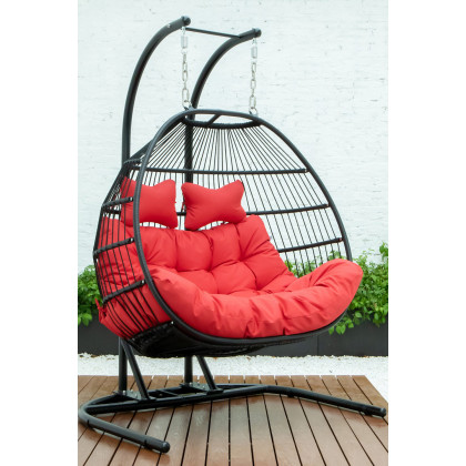 LeisureMod Wicker 2 Person Double Folding Hanging Egg Swing Chair - Red