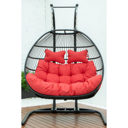 LeisureMod Wicker 2 Person Double Folding Hanging Egg Swing Chair - Red