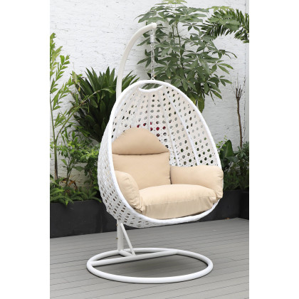 LeisureMod White Wicker Hanging Single Egg Swing Chair with Cushions - Beige