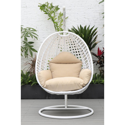 LeisureMod White Wicker Hanging Single Egg Swing Chair with Cushions - Beige