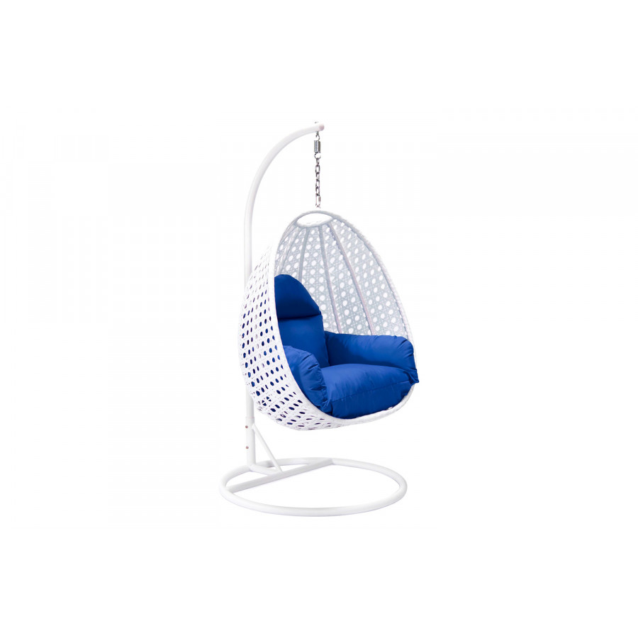LeisureMod White Wicker Hanging Single Egg Swing Chair with Cushions - Blue
