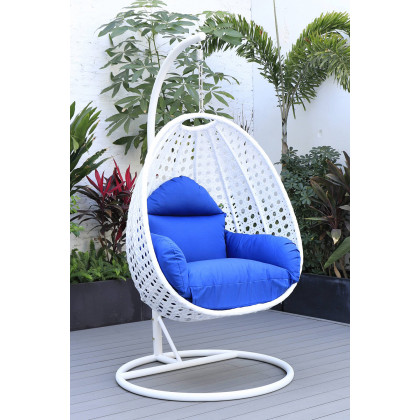 LeisureMod White Wicker Hanging Single Egg Swing Chair with Cushions - Blue