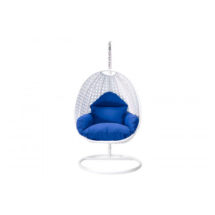 LeisureMod White Wicker Hanging Single Egg Swing Chair with Cushions - Blue