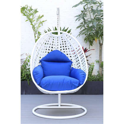 LeisureMod White Wicker Hanging Single Egg Swing Chair with Cushions - Blue