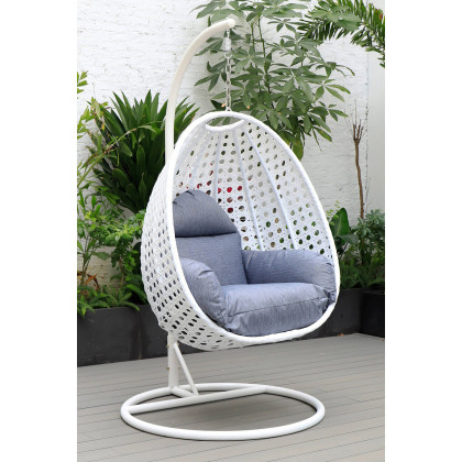 LeisureMod White Wicker Hanging Single Egg Swing Chair with Cushions - Charcoal/Blue