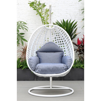 LeisureMod White Wicker Hanging Single Egg Swing Chair with Cushions - Charcoal/Blue