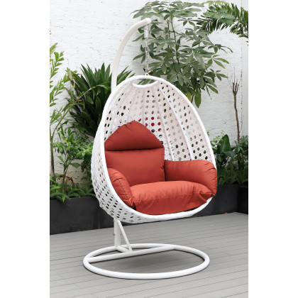 LeisureMod White Wicker Hanging Single Egg Swing Chair with Cushions - Cherry