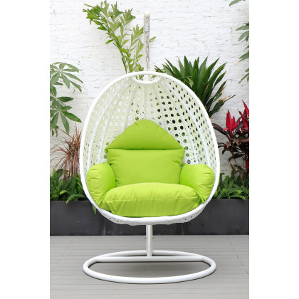 LeisureMod White Wicker Hanging Single Egg Swing Chair with Cushions - Light Green