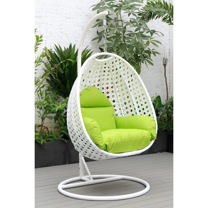 LeisureMod White Wicker Hanging Single Egg Swing Chair with Cushions - Light Green