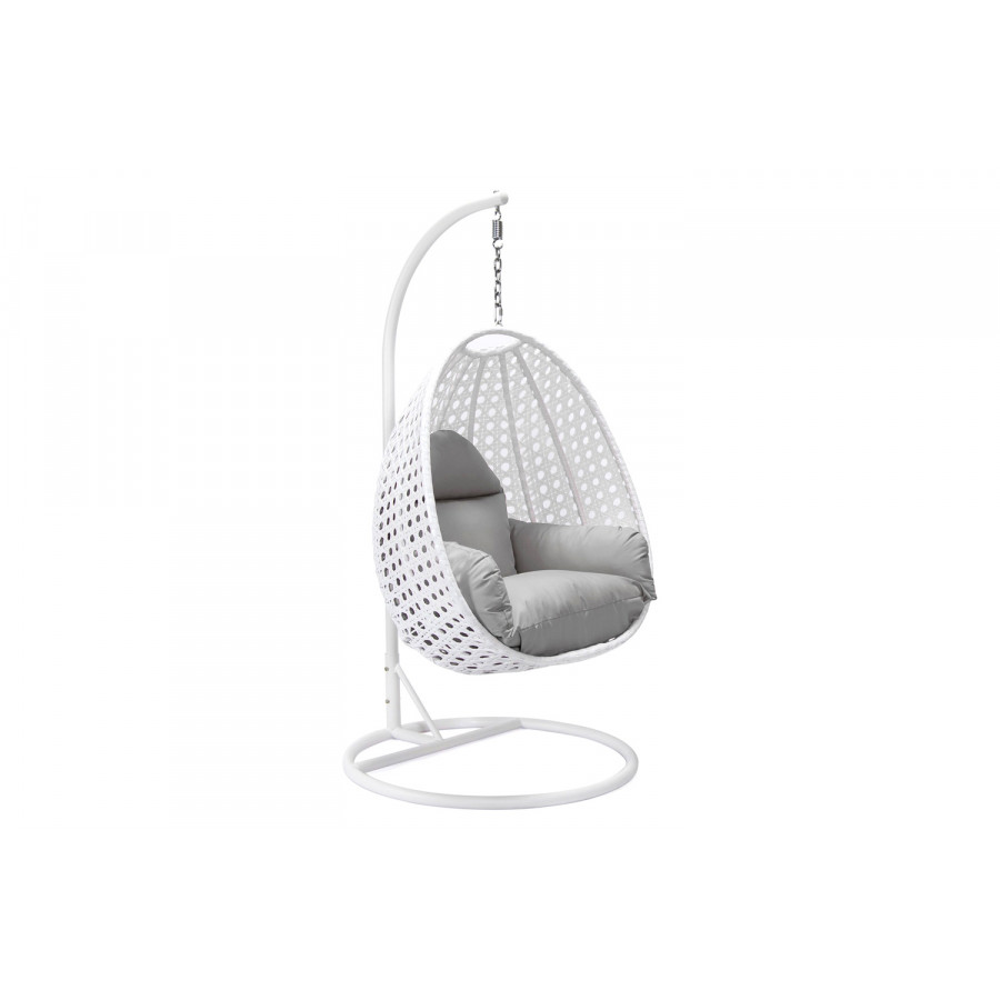 LeisureMod White Wicker Hanging Single Egg Swing Chair with Cushions - Light Gray