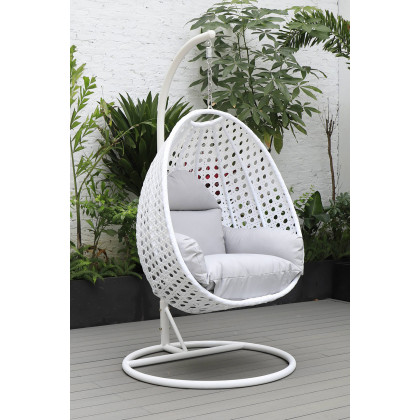 LeisureMod White Wicker Hanging Single Egg Swing Chair with Cushions - Light Gray