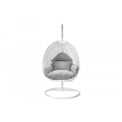 LeisureMod White Wicker Hanging Single Egg Swing Chair with Cushions - Light Gray