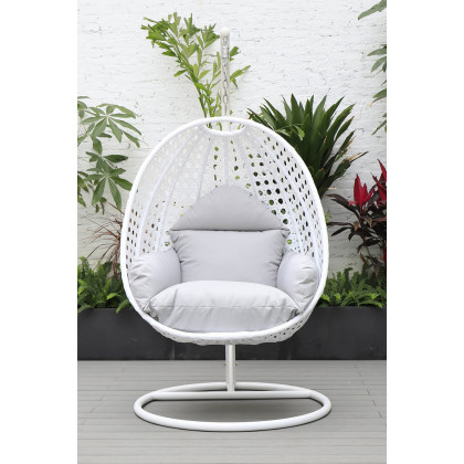 LeisureMod White Wicker Hanging Single Egg Swing Chair with Cushions - Light Gray