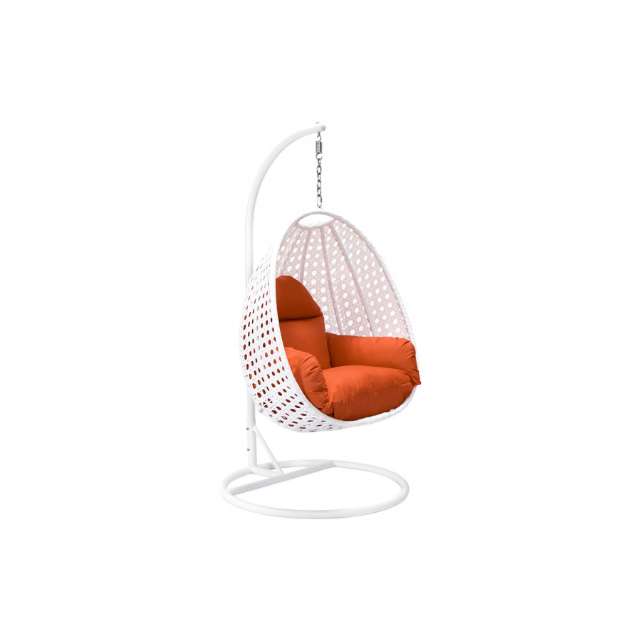 LeisureMod White Wicker Hanging Single Egg Swing Chair with Cushions - Orange