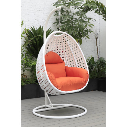 LeisureMod White Wicker Hanging Single Egg Swing Chair with Cushions - Orange