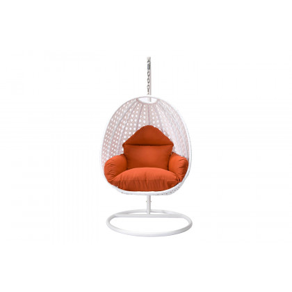 LeisureMod White Wicker Hanging Single Egg Swing Chair with Cushions - Orange
