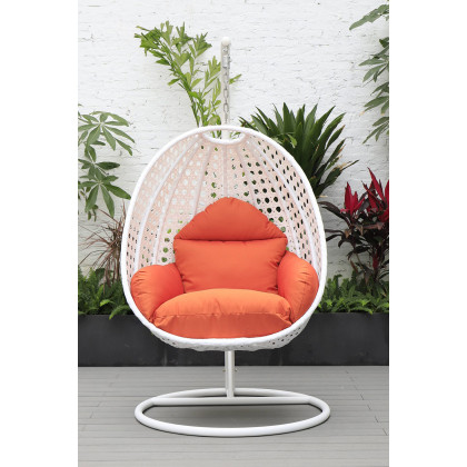 LeisureMod White Wicker Hanging Single Egg Swing Chair with Cushions - Orange