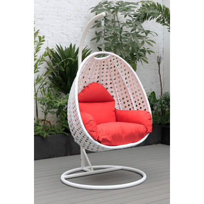 LeisureMod White Wicker Hanging Single Egg Swing Chair with Cushions - Red