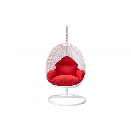 LeisureMod White Wicker Hanging Single Egg Swing Chair with Cushions - Red