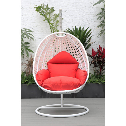 LeisureMod White Wicker Hanging Single Egg Swing Chair with Cushions - Red