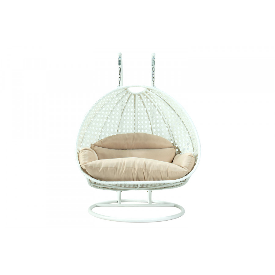 LeisureMod Modern White Wicker Hanging Double Seater Egg Swing Chair - Beige