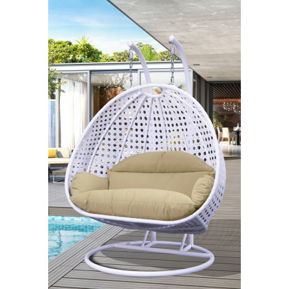 LeisureMod Modern White Wicker Hanging Double Seater Egg Swing Chair - Beige