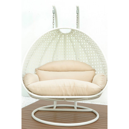 LeisureMod Modern White Wicker Hanging Double Seater Egg Swing Chair - Beige