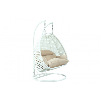 LeisureMod Modern White Wicker Hanging Double Seater Egg Swing Chair - Beige