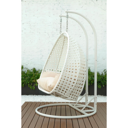 LeisureMod Modern White Wicker Hanging Double Seater Egg Swing Chair - Beige