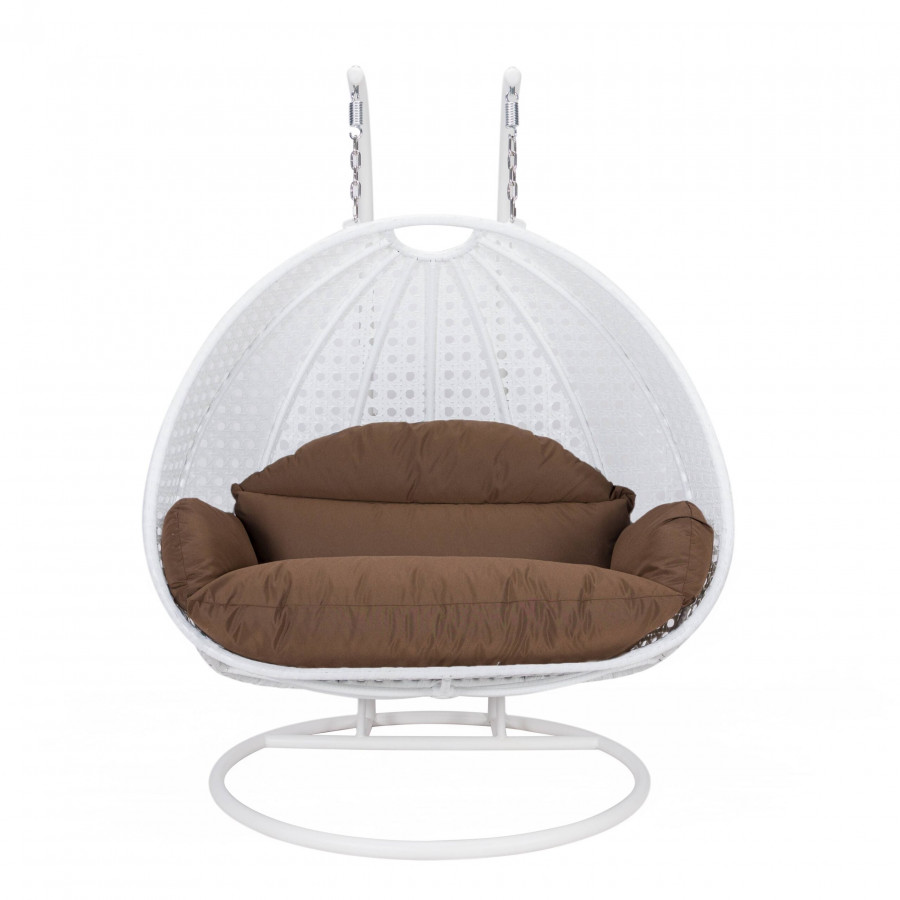 LeisureMod Modern White Wicker Hanging Double Seater Egg Swing Chair - Brown