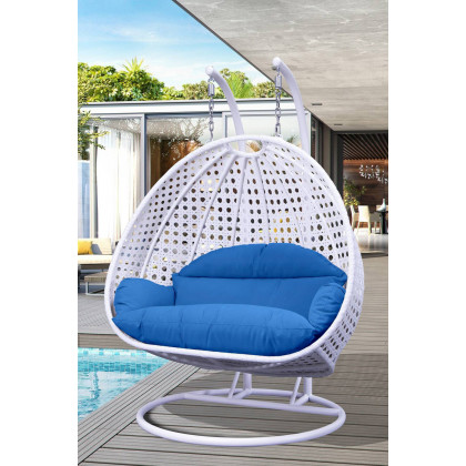 LeisureMod Modern White Wicker Hanging Double Seater Egg Swing Chair - Blue