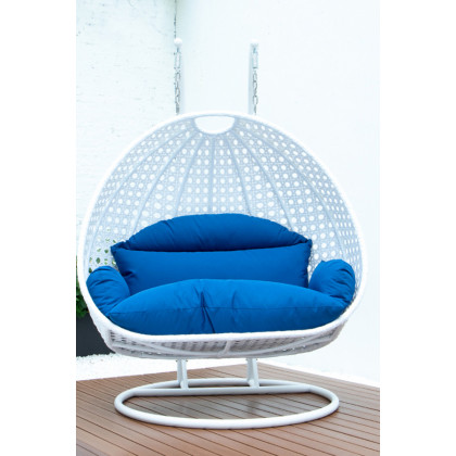 LeisureMod Modern White Wicker Hanging Double Seater Egg Swing Chair - Blue
