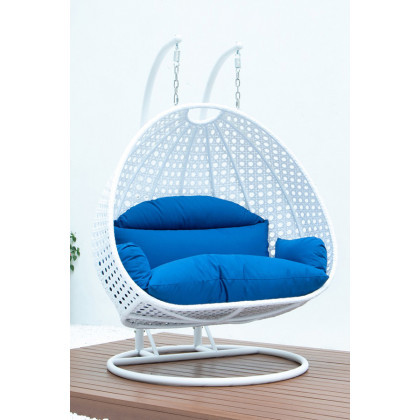 LeisureMod Modern White Wicker Hanging Double Seater Egg Swing Chair - Blue