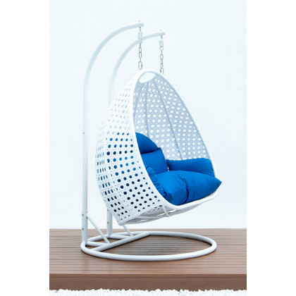 LeisureMod Modern White Wicker Hanging Double Seater Egg Swing Chair - Blue